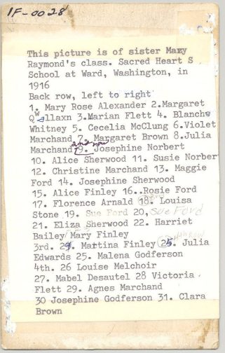 List of student names from a class at Sacred Heart residential school near Kettle Falls, 1916.